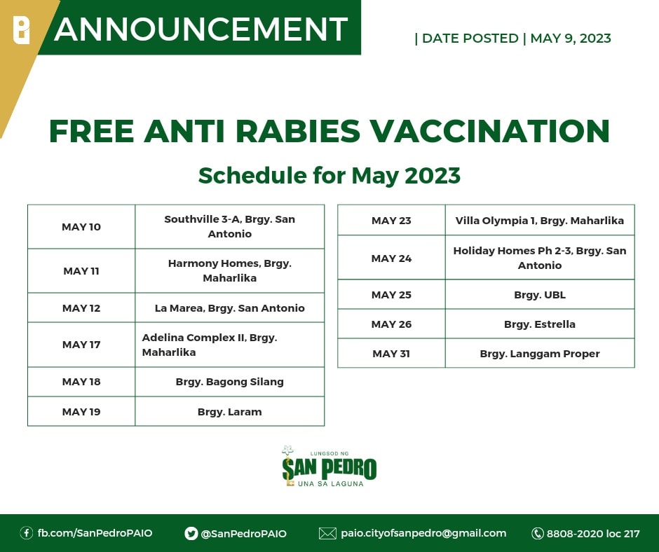 Free Anti Rabies Vaccination Schedule for May 2023 City of San Pedro